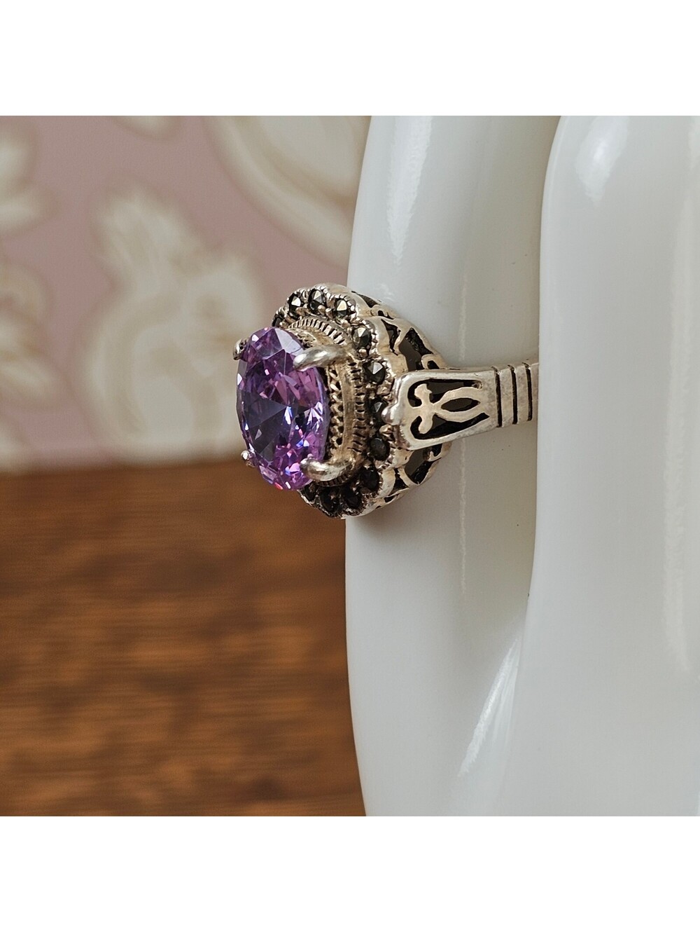 Charles Winston Sterling Silver 925 Purple Glass Marcasite Style Ring Size 7.5